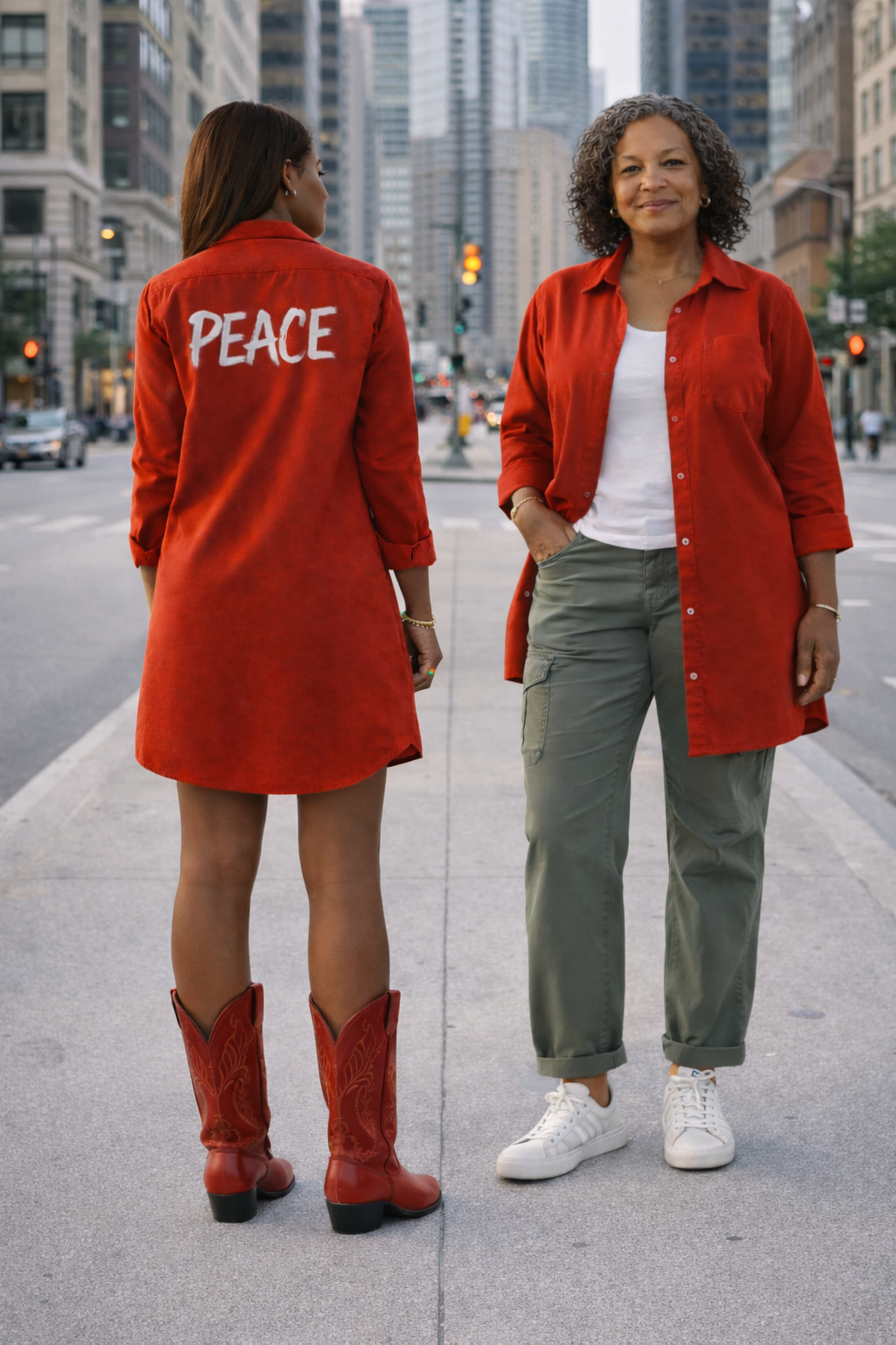 Two women in red Peace shirt dresses by Yabin, one with 'PEACE' on the back, standing on a city street.